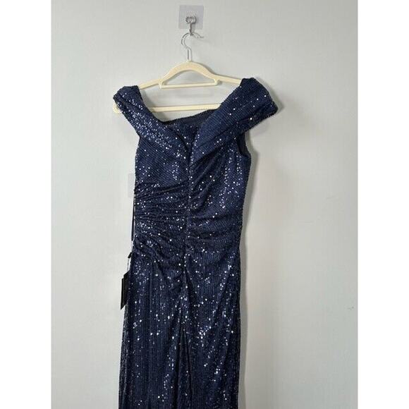 Ieena By Mac Duggal Sequined Drop Shoulder Gown Dress Off The Shoulder Blue 6 - Picture 6 of 13